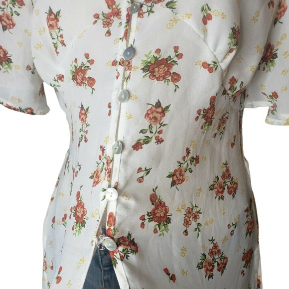 Haute Project LA M Button Front Long Duster White W/ Flower Print - Picture 4 of 7